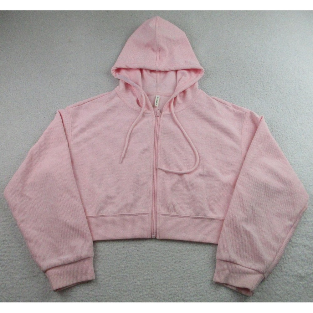 Halara Hoodie Womens Small Pink‎ Zip Up Cropped Waffle Knit Jacket Sweatshirt